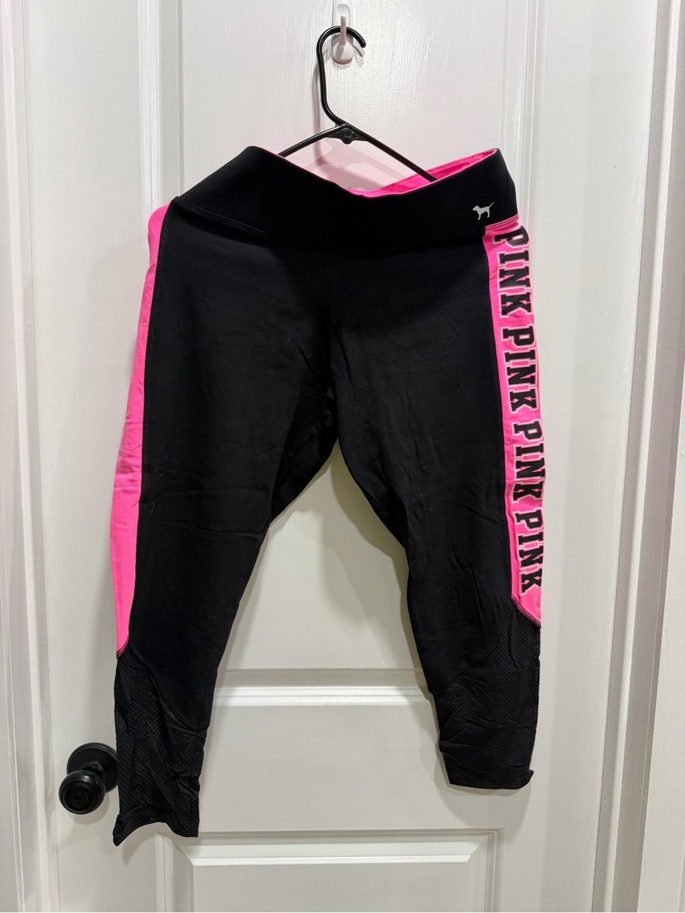 PINK Black Capri Leggings with Hot Pink Side Panels and Mesh